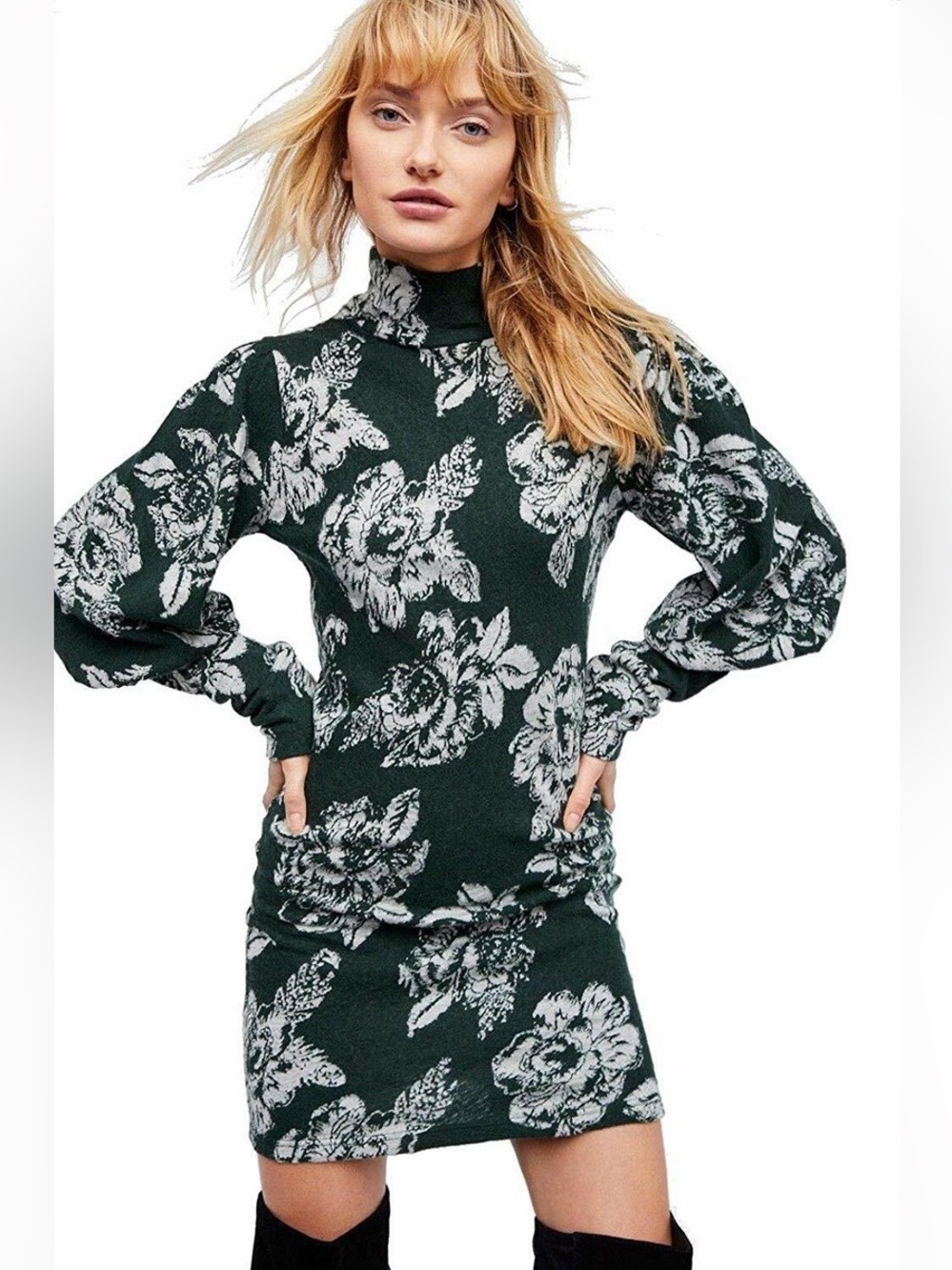 Free People Dark Green and White Floral Wool Blend Sweater Dress